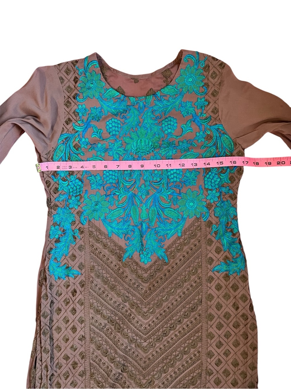 Handmade Indian Kurta Brown and Turquoise Green Embroidered - Picture 9 of 13